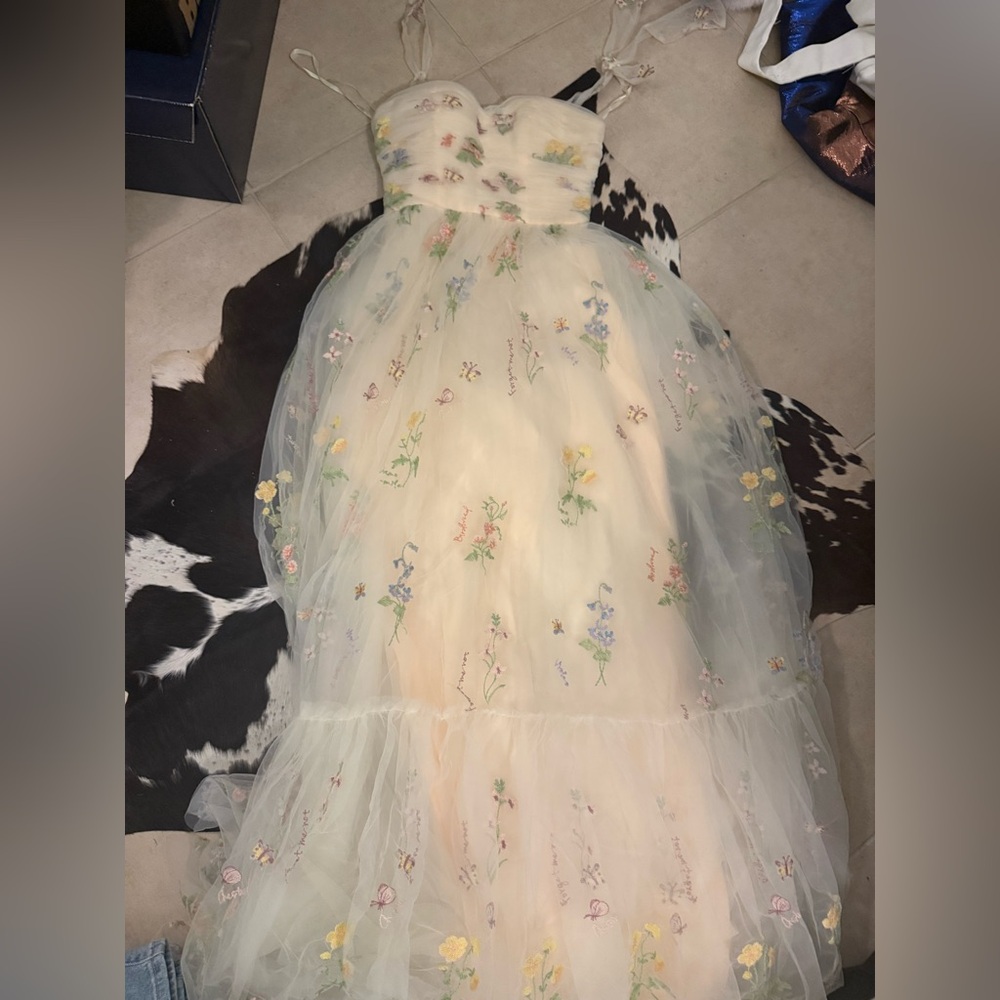 Cream Floral Embroidered Tulle Dress